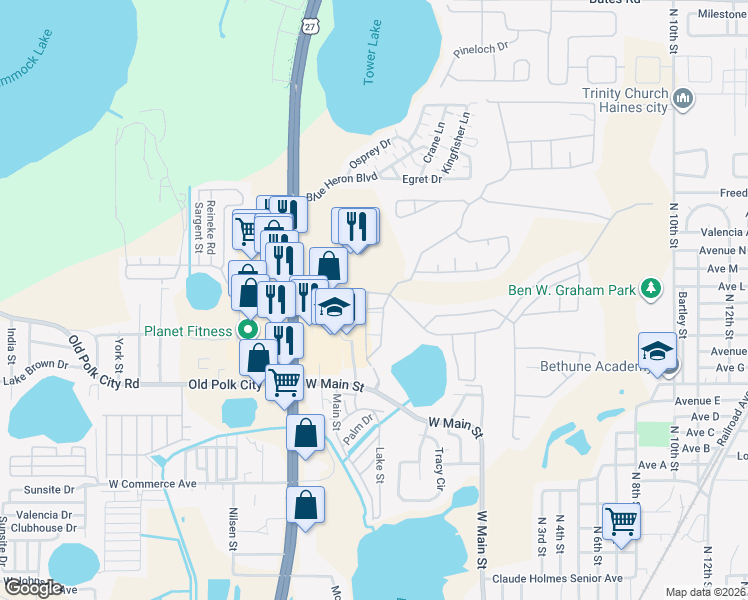 map of restaurants, bars, coffee shops, grocery stores, and more near 2004 Hemingway Circle in Haines City