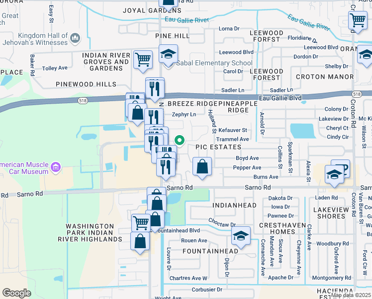 map of restaurants, bars, coffee shops, grocery stores, and more near 2774 Rhonda Lane in Melbourne