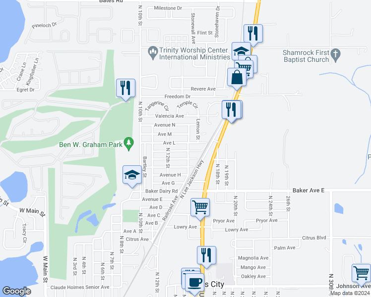 map of restaurants, bars, coffee shops, grocery stores, and more near 1236 Avenue K in Haines City