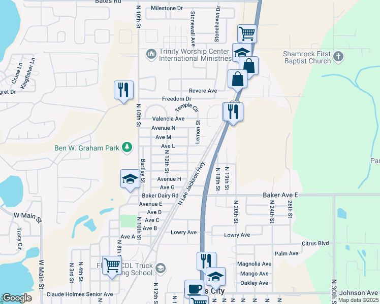 map of restaurants, bars, coffee shops, grocery stores, and more near 1302 Avenue K in Haines City