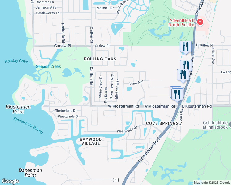 map of restaurants, bars, coffee shops, grocery stores, and more near 1612 Cromwell Drive in Tarpon Springs