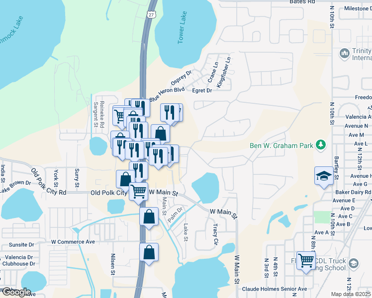 map of restaurants, bars, coffee shops, grocery stores, and more near 2016 Hemingway Circle in Haines City