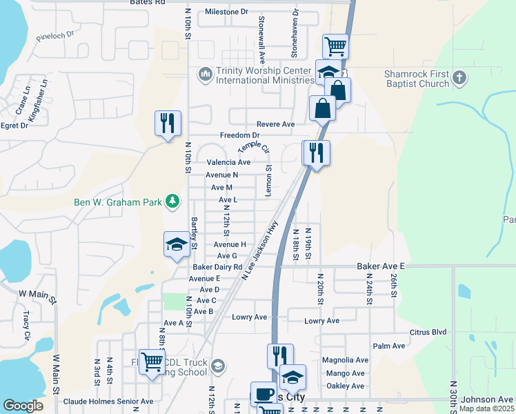map of restaurants, bars, coffee shops, grocery stores, and more near 1229 Avenue L in Haines City