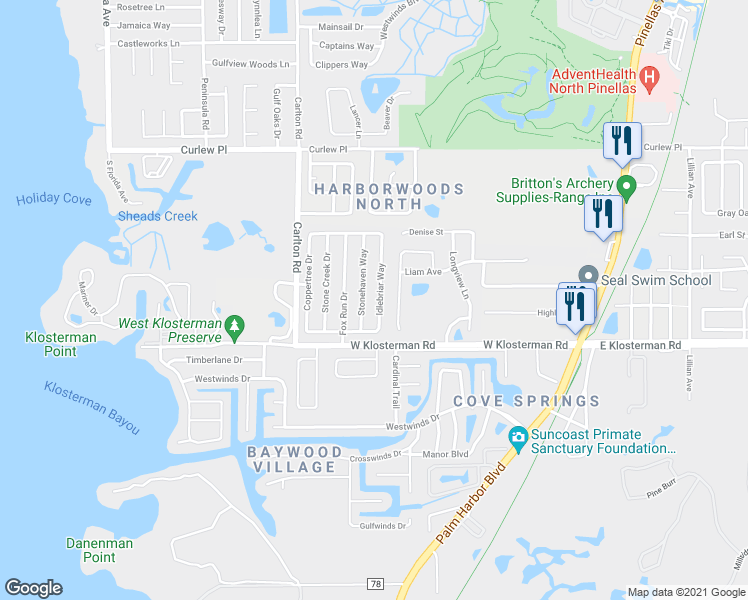 map of restaurants, bars, coffee shops, grocery stores, and more near 1607 Stonehaven Way in Tarpon Springs