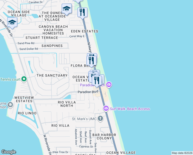 map of restaurants, bars, coffee shops, grocery stores, and more near 106 Ocean View Lane in Indialantic