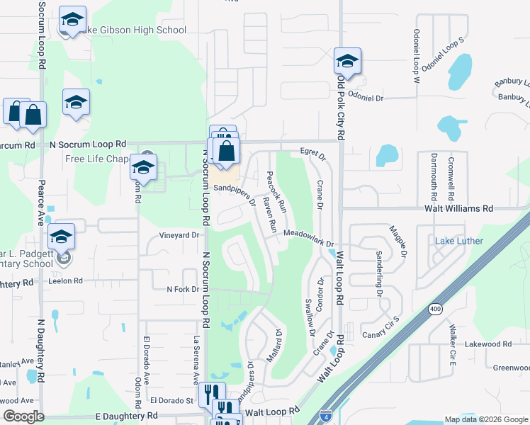 map of restaurants, bars, coffee shops, grocery stores, and more near 6323 Sandpipers Drive in Lakeland