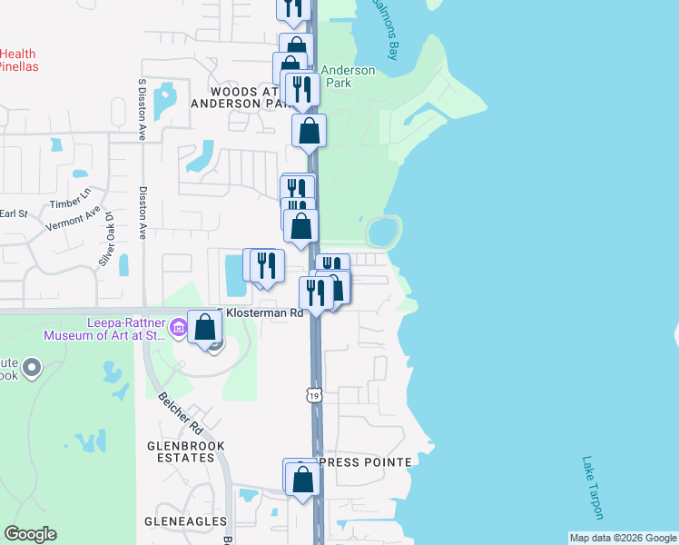 map of restaurants, bars, coffee shops, grocery stores, and more near 38791 US Highway 19 North in Tarpon Springs