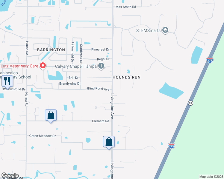 map of restaurants, bars, coffee shops, grocery stores, and more near 17500 Livingston Avenue in Lutz