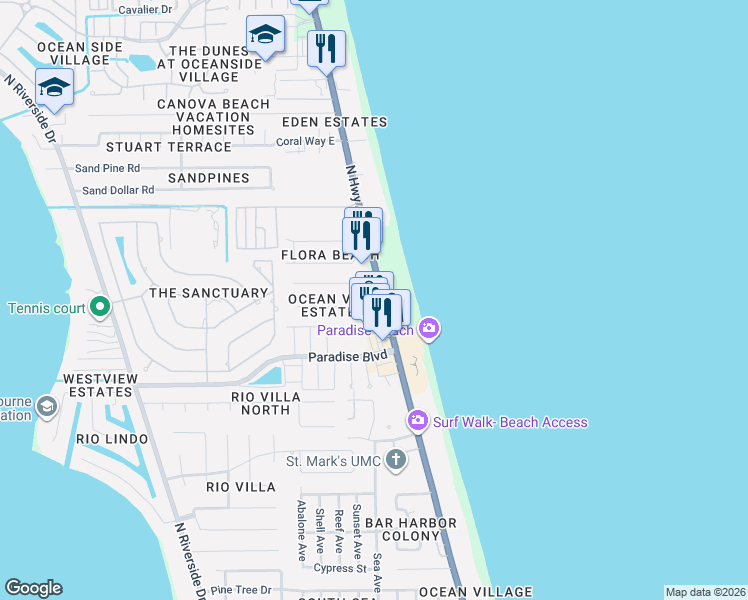 map of restaurants, bars, coffee shops, grocery stores, and more near 106 Ocean View Lane in Indialantic