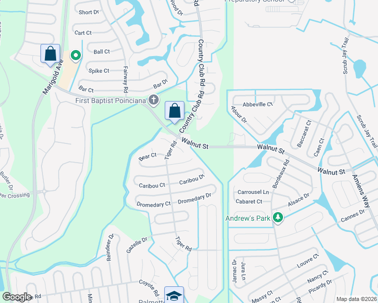 map of restaurants, bars, coffee shops, grocery stores, and more near 711 Antelope Way in Kissimmee