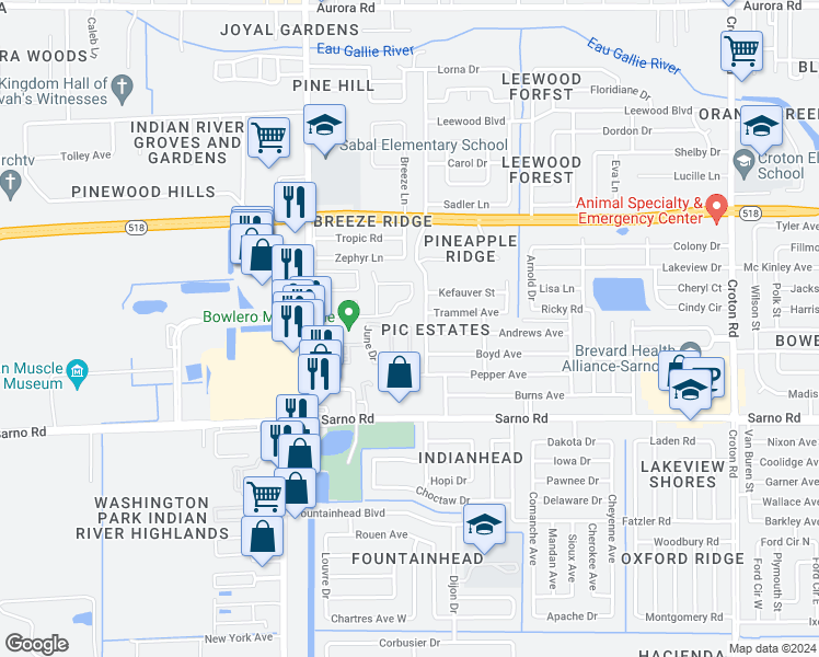 map of restaurants, bars, coffee shops, grocery stores, and more near 2788 Rhonda Lane in Melbourne