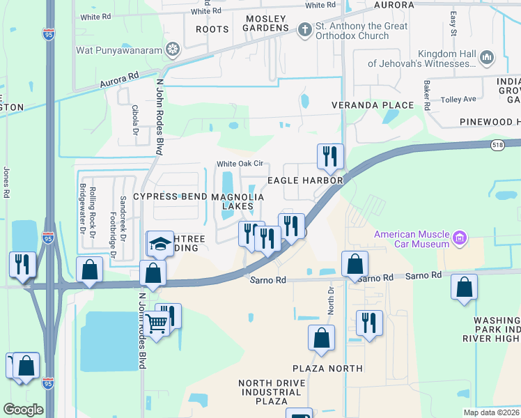 map of restaurants, bars, coffee shops, grocery stores, and more near 1129 White Oak Circle in Melbourne