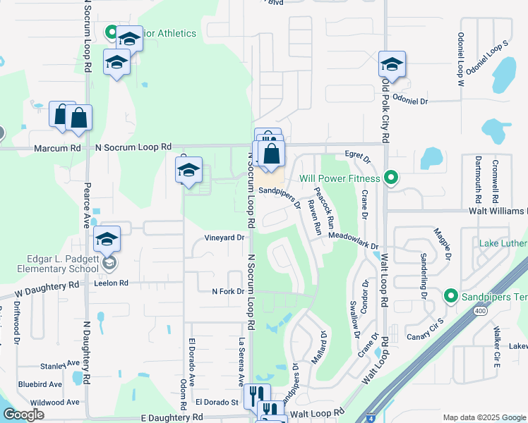 map of restaurants, bars, coffee shops, grocery stores, and more near 618 Eagle Run in Lakeland