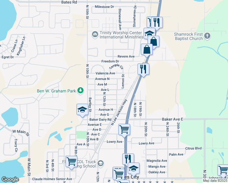 map of restaurants, bars, coffee shops, grocery stores, and more near 1229 Avenue L in Haines City