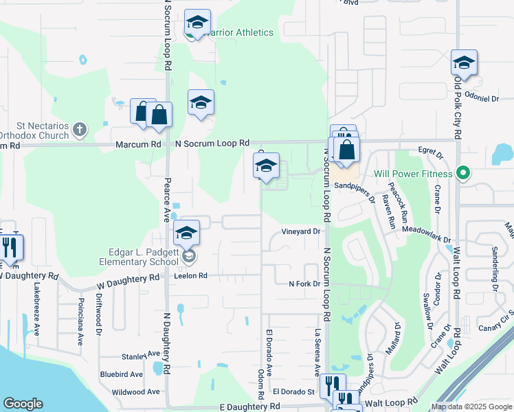 map of restaurants, bars, coffee shops, grocery stores, and more near 6412 Odom Road in Lakeland