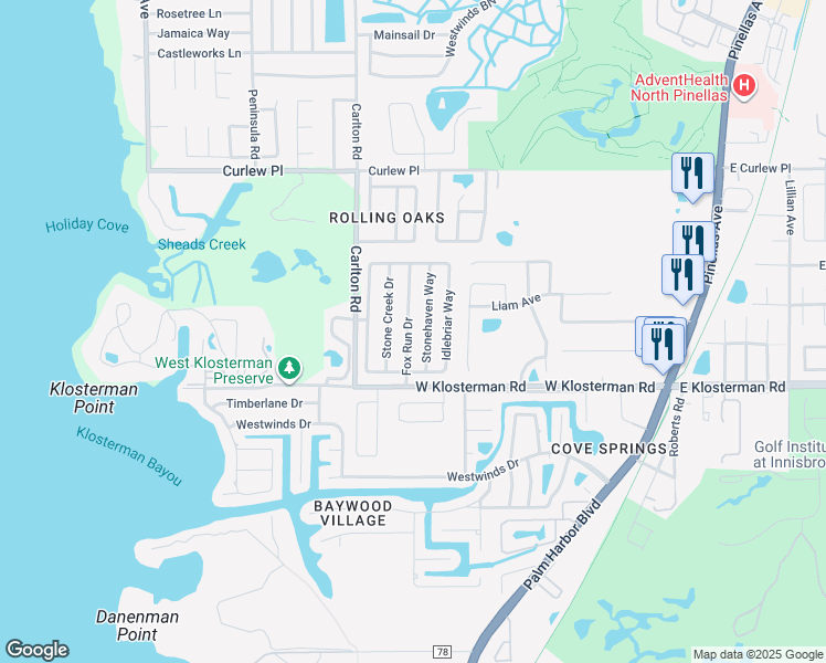 map of restaurants, bars, coffee shops, grocery stores, and more near 1607 Stone Creek Drive in Tarpon Springs