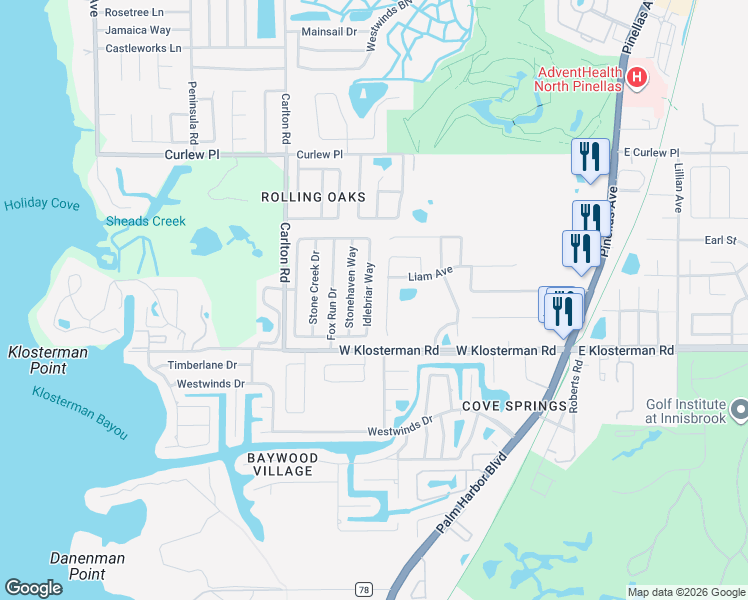 map of restaurants, bars, coffee shops, grocery stores, and more near 1611 Cromwell Drive in Tarpon Springs