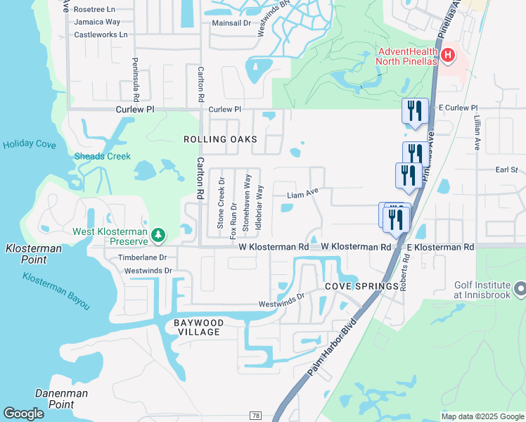 map of restaurants, bars, coffee shops, grocery stores, and more near 1611 Cromwell Drive in Tarpon Springs