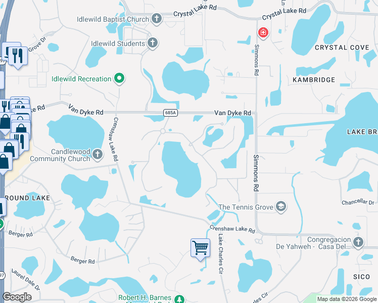 map of restaurants, bars, coffee shops, grocery stores, and more near 1308 Merry Water Drive in Lutz