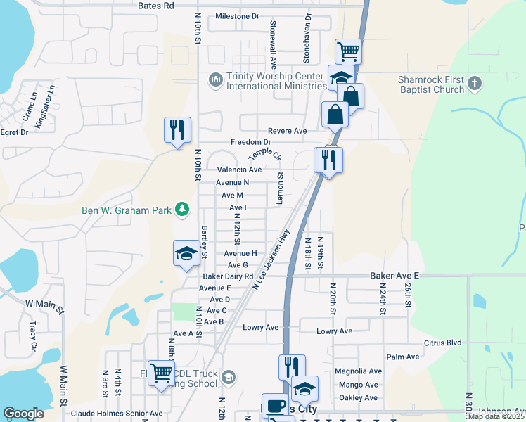 map of restaurants, bars, coffee shops, grocery stores, and more near 1229 Avenue L in Haines City