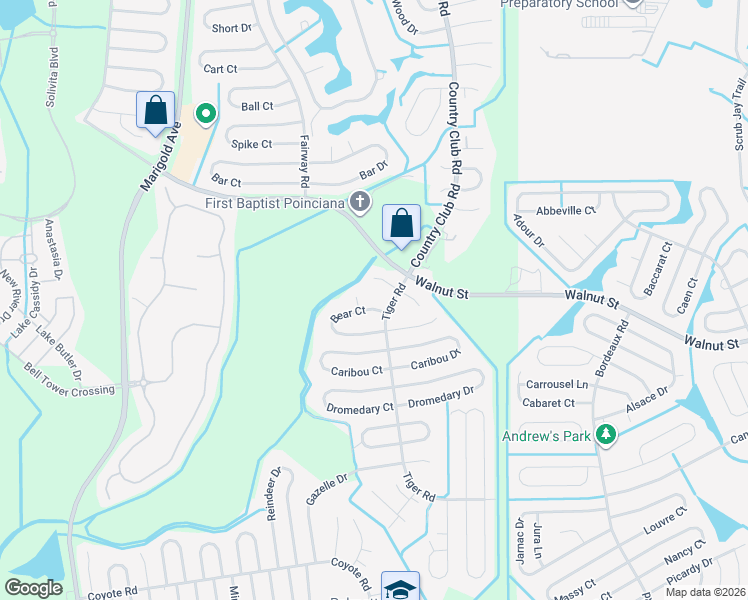 map of restaurants, bars, coffee shops, grocery stores, and more near 605 Bear Court in Kissimmee