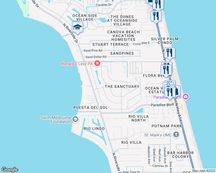 map of restaurants, bars, coffee shops, grocery stores, and more near 621 Nightingale Drive in Indialantic