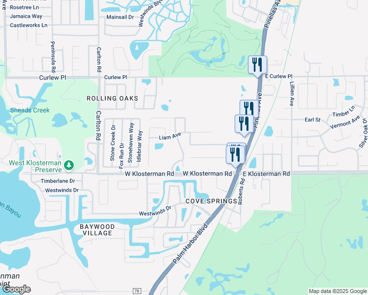 map of restaurants, bars, coffee shops, grocery stores, and more near 1833 Longview Lane in Tarpon Springs