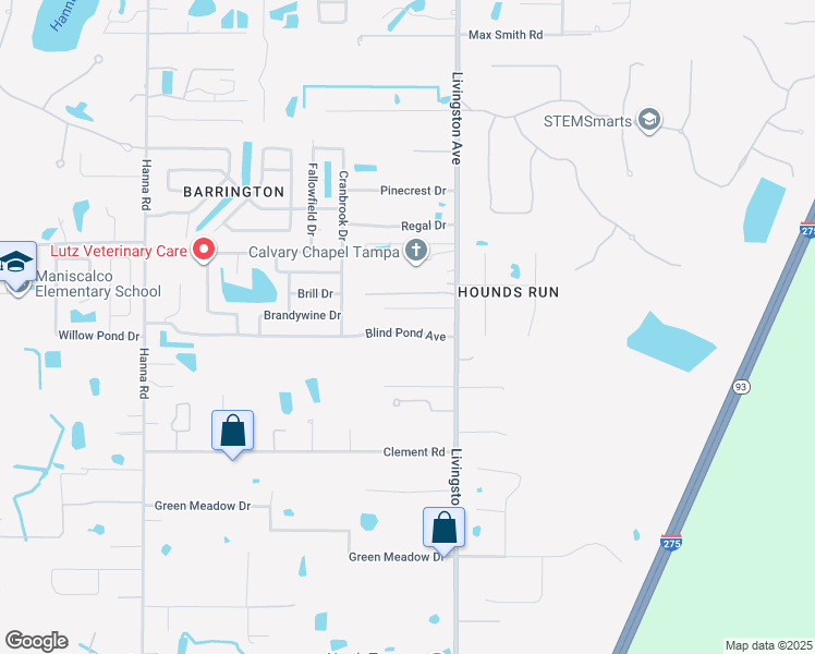 map of restaurants, bars, coffee shops, grocery stores, and more near 2420 Blind Pond Avenue in Lutz