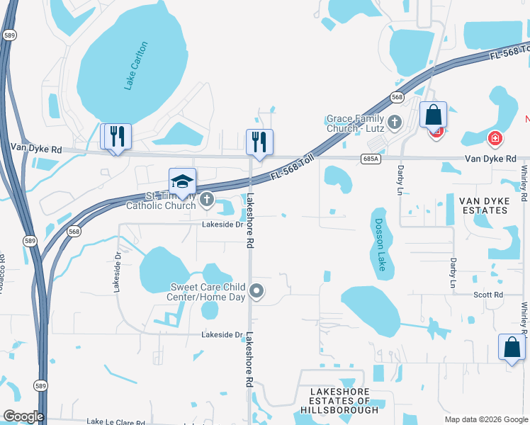 map of restaurants, bars, coffee shops, grocery stores, and more near 17501 Lakeshore Road in Lutz