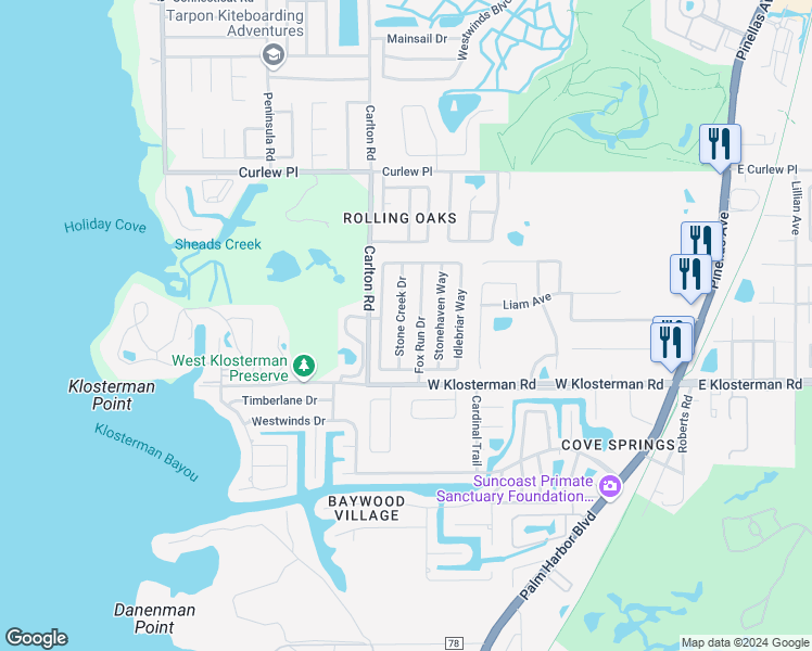 map of restaurants, bars, coffee shops, grocery stores, and more near 1607 Stone Creek Drive in Tarpon Springs