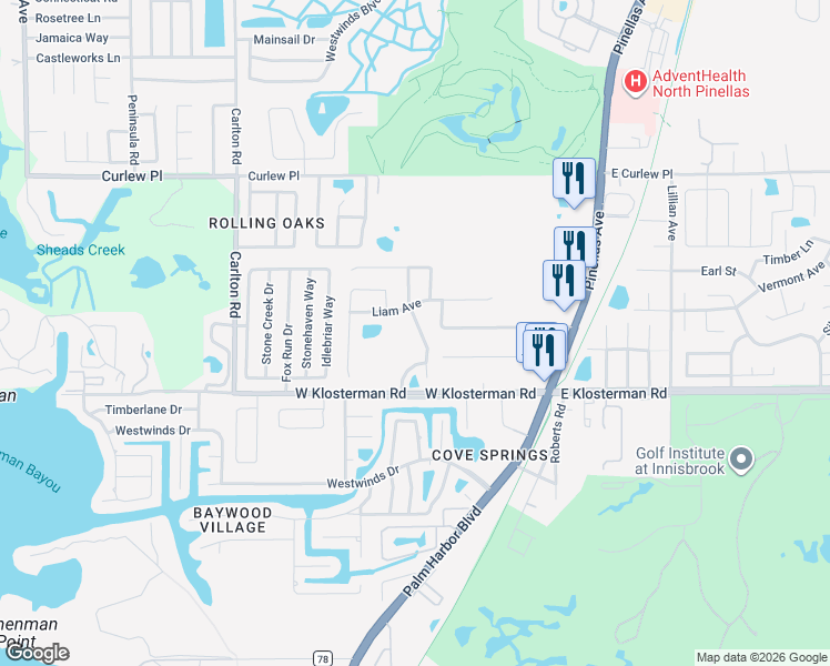 map of restaurants, bars, coffee shops, grocery stores, and more near 1828 Longview Lane in Tarpon Springs