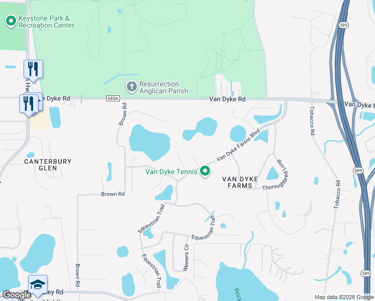 map of restaurants, bars, coffee shops, grocery stores, and more near 17309 Stetson Lane in Odessa