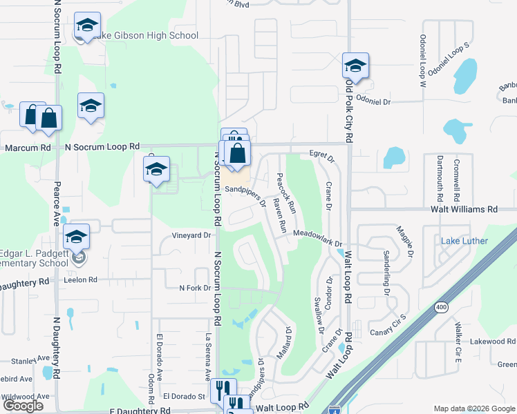 map of restaurants, bars, coffee shops, grocery stores, and more near 6323 Sandpipers Drive in Lakeland