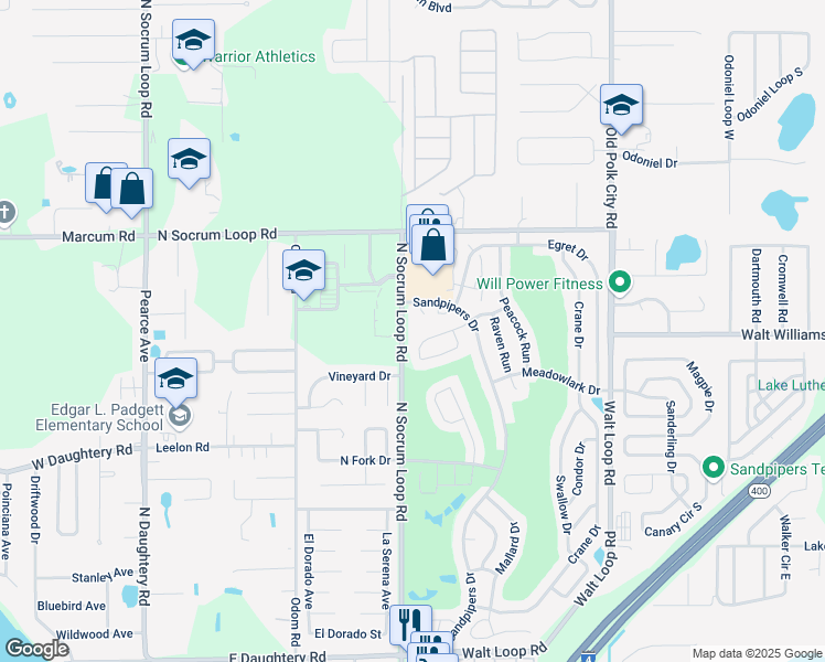 map of restaurants, bars, coffee shops, grocery stores, and more near 6464 Sandpipers Drive in Lakeland