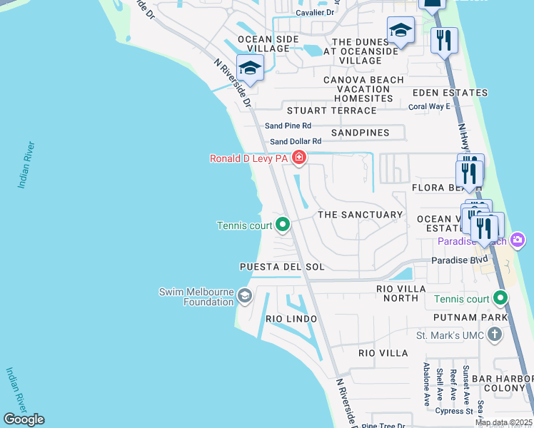 map of restaurants, bars, coffee shops, grocery stores, and more near 2776 North Riverside Drive in Indialantic