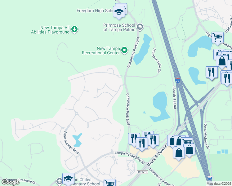 map of restaurants, bars, coffee shops, grocery stores, and more near 17130 Heart of Palms Drive in Tampa