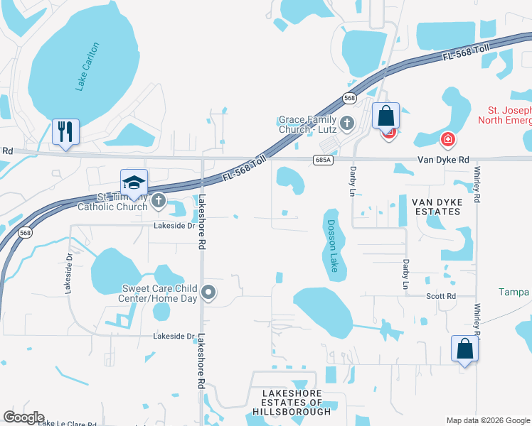 map of restaurants, bars, coffee shops, grocery stores, and more near 17512 Marsh Road in Lutz