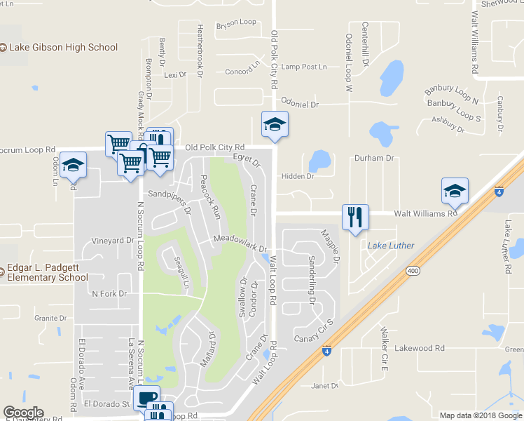 map of restaurants, bars, coffee shops, grocery stores, and more near 6224 Egret Drive in Lakeland