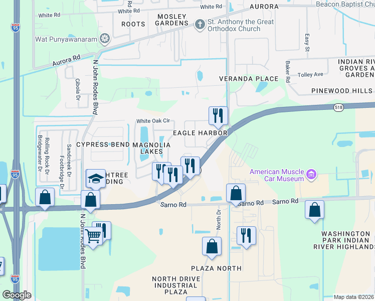 map of restaurants, bars, coffee shops, grocery stores, and more near 1200 Talon Way in Melbourne
