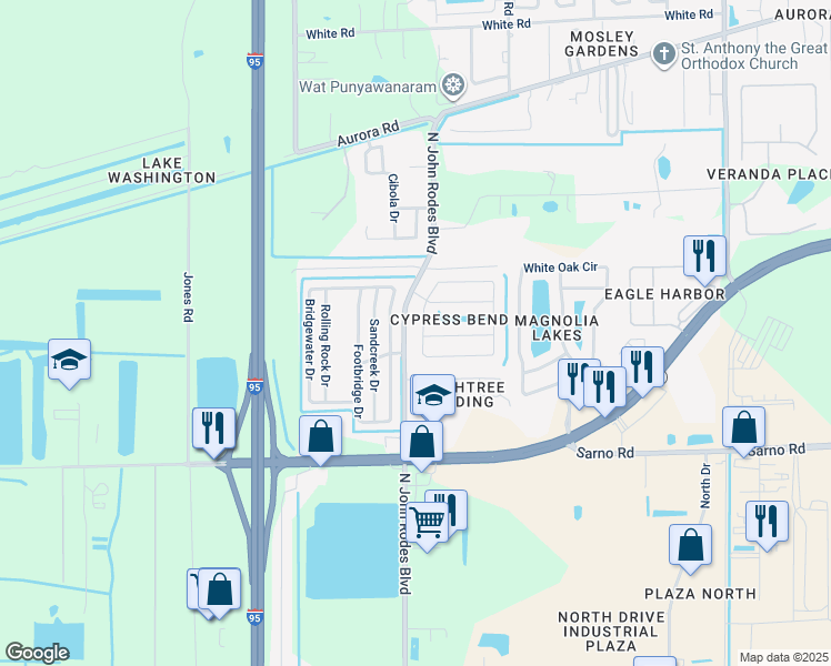 map of restaurants, bars, coffee shops, grocery stores, and more near 1216 Cypress Bend Circle in Melbourne