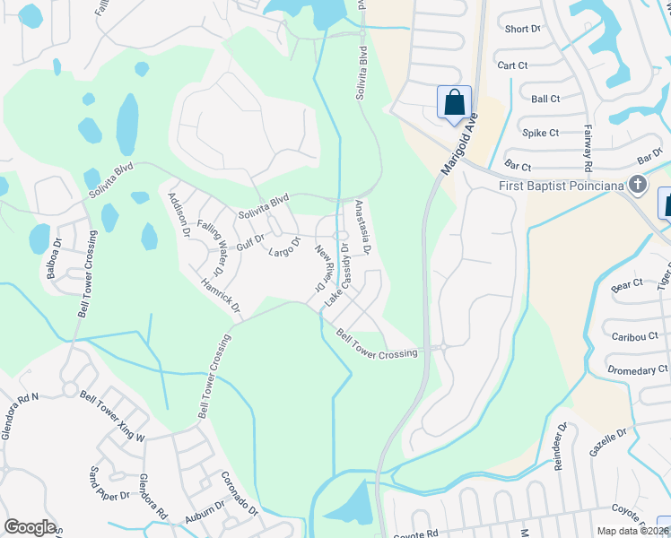map of restaurants, bars, coffee shops, grocery stores, and more near 303 New River Drive in Kissimmee