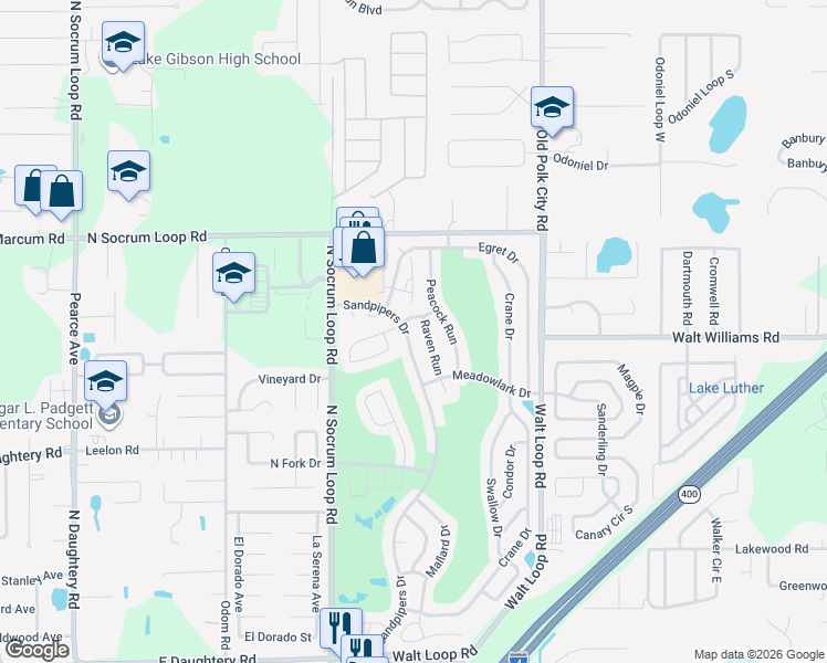map of restaurants, bars, coffee shops, grocery stores, and more near 6323 Sandpipers Dr in Lakeland