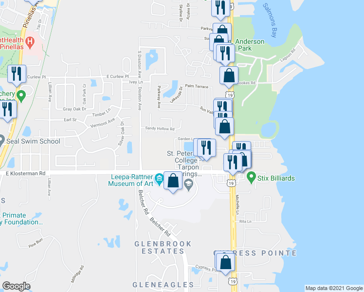 map of restaurants, bars, coffee shops, grocery stores, and more near 54 Lakeside Drive in Tarpon Springs