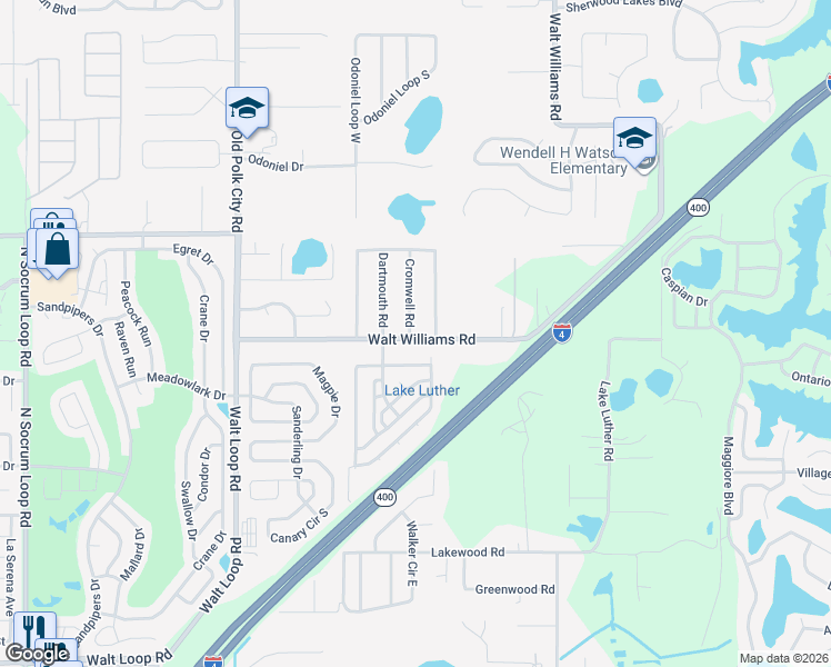 map of restaurants, bars, coffee shops, grocery stores, and more near 6405 Cromwell Road in Lakeland