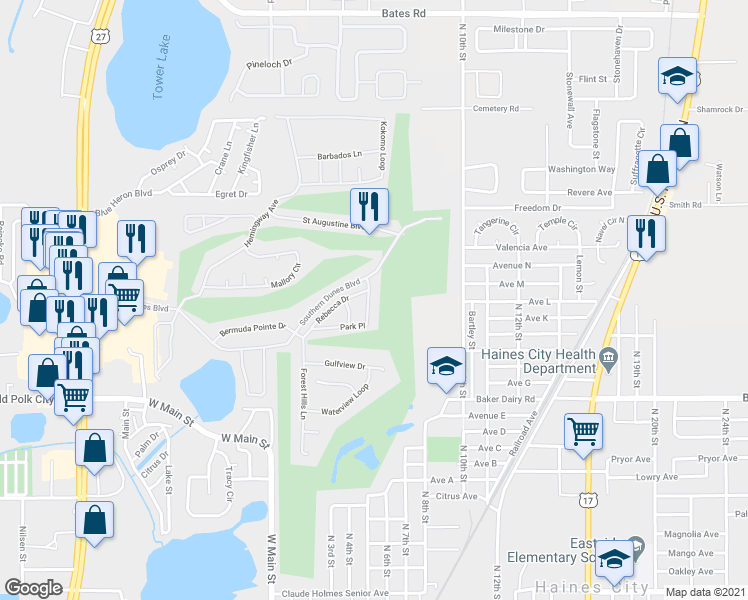 map of restaurants, bars, coffee shops, grocery stores, and more near 1448 Park Place in Haines City