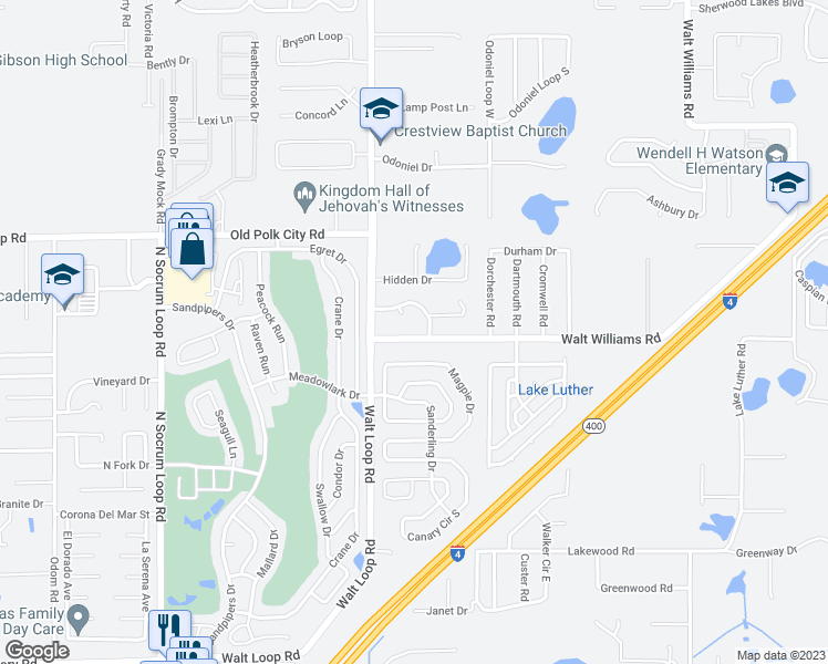 map of restaurants, bars, coffee shops, grocery stores, and more near 1050 Walt Williams Road in Lakeland