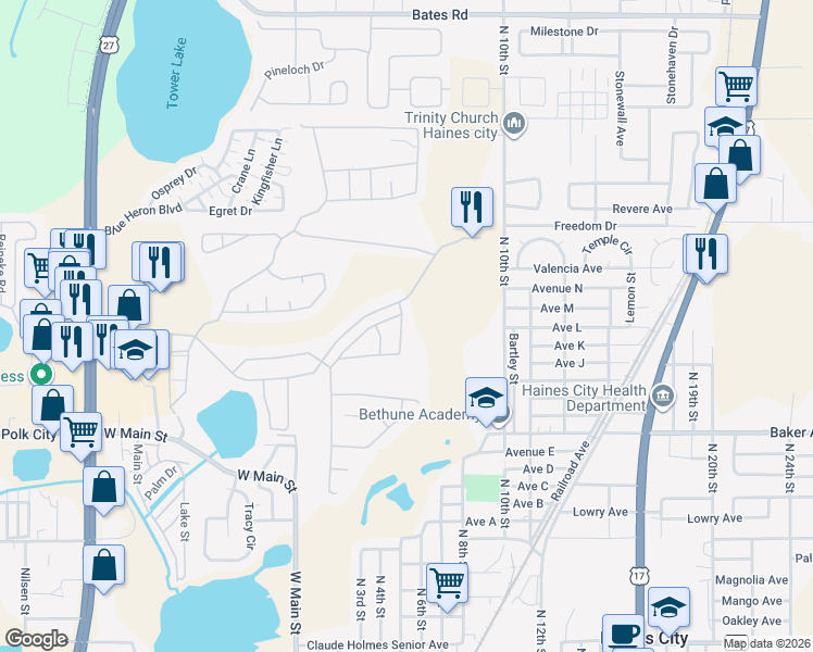 map of restaurants, bars, coffee shops, grocery stores, and more near 1448 Park Place in Haines City