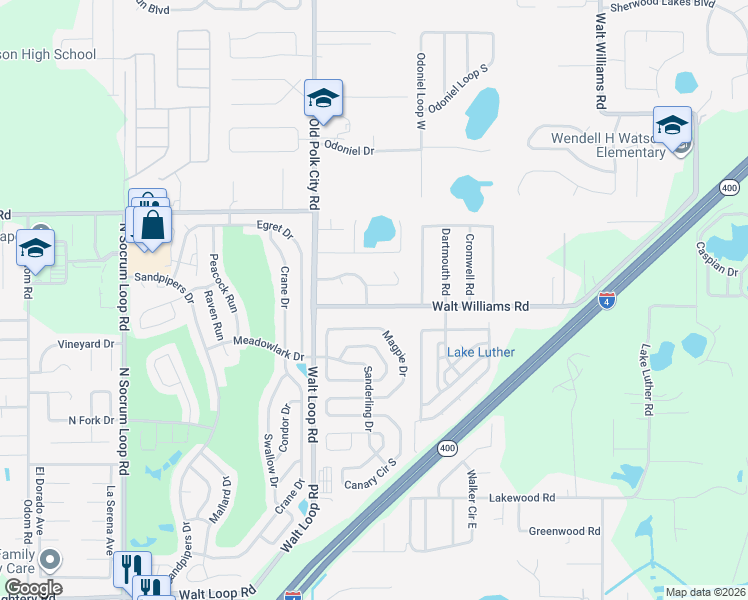 map of restaurants, bars, coffee shops, grocery stores, and more near 1060 Walt Williams Road in Lakeland