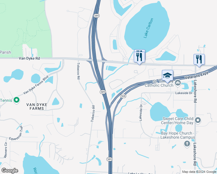 map of restaurants, bars, coffee shops, grocery stores, and more near 17279 Old Tobacco Road in Lutz