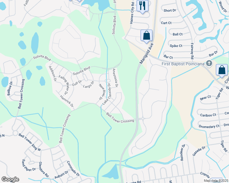 map of restaurants, bars, coffee shops, grocery stores, and more near 257 Rock Springs Drive in Kissimmee
